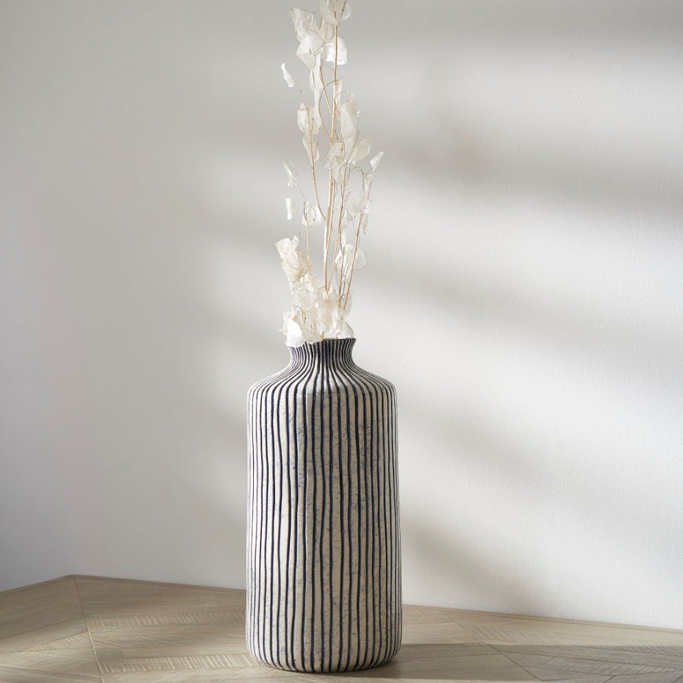 Bude Stripe Design Stoneware Vase - Blue & White - Duck Barn Interiors