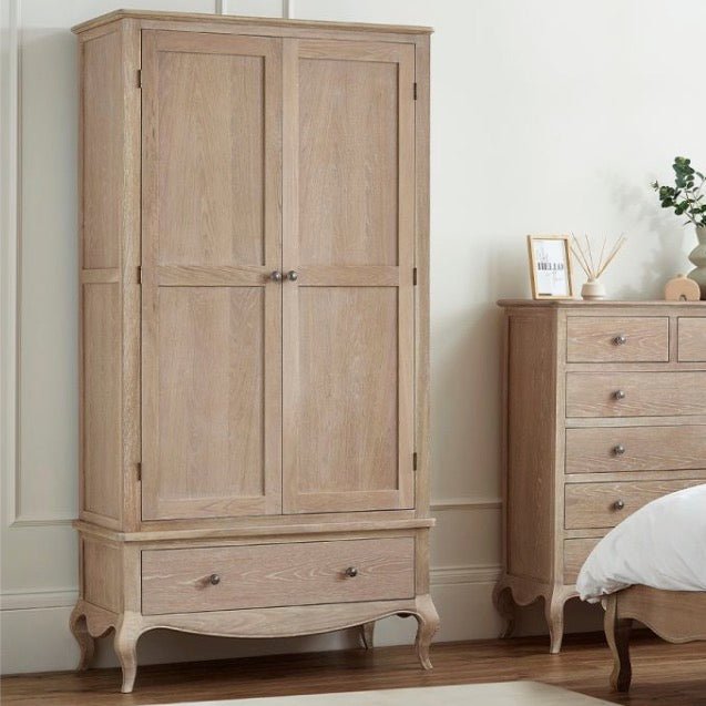 Camille Double Wardrobe with Low Drawer - Limed Oak1 - Duck Barn Interiors