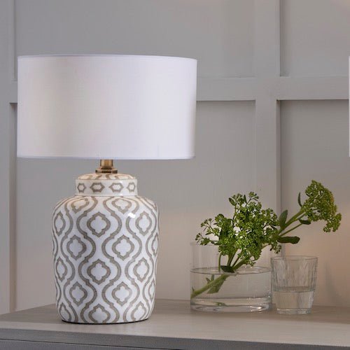 Celia Taupe Pattern Ceramic Lamp - Ivory Shade1 - Duck Barn Interiors