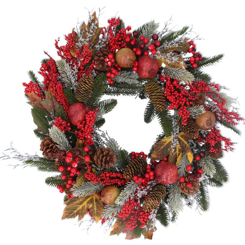 Christmas Wreath - Pine with Red Berries, Apples & Cones - 50cm