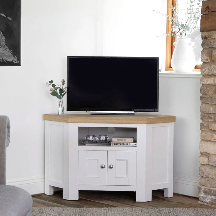 Clanfield White Corner TV Unit1 - Duck Barn Interiors