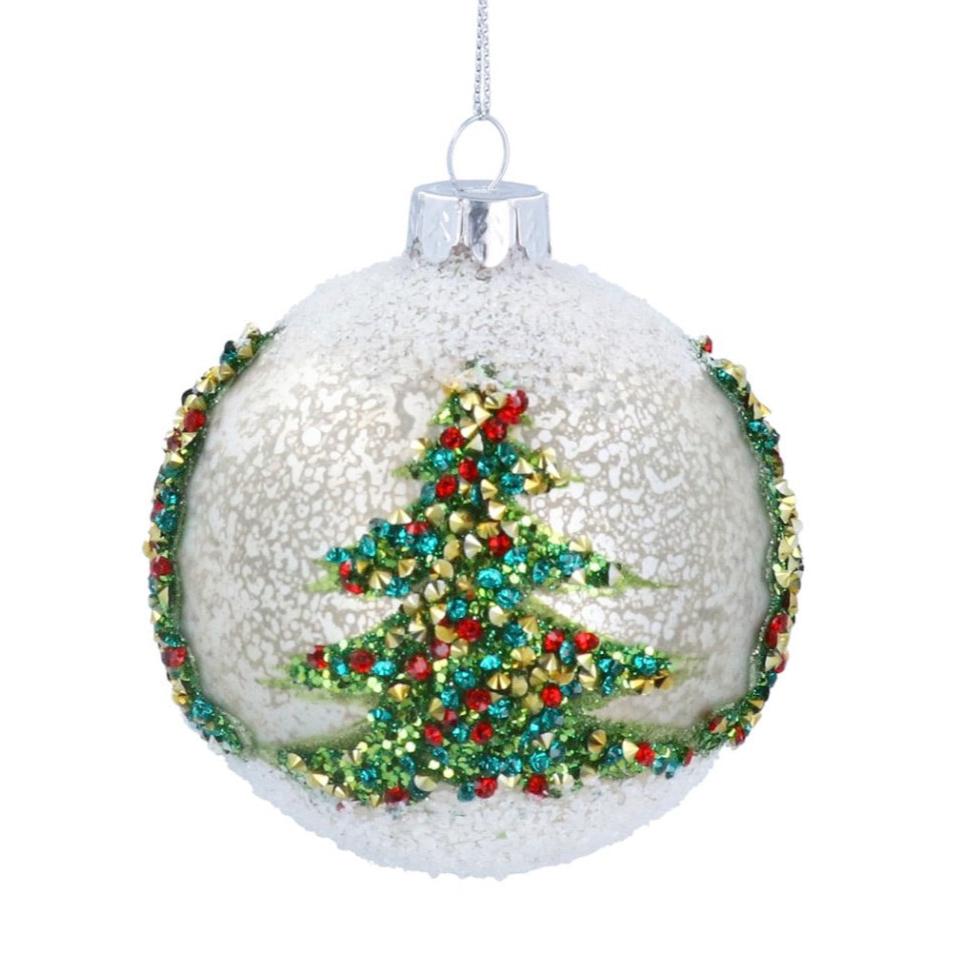 Gisela Graham Glass Bauble - Antique White Sparkling Tree1 - Duck Barn Interiors