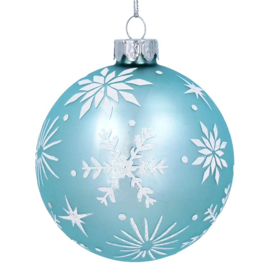 Gisela Graham Glass Bauble - Matt Pale Blue with White Snowflakes1 - Duck Barn Interiors