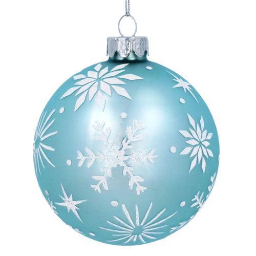 Gisela Graham Glass Bauble - Matt Pale Blue with White Snowflakes