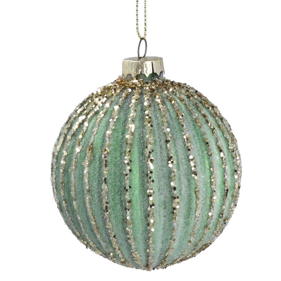 Gisela Graham Glass Bauble - Sage Green with Gold Sparkle1 - Duck Barn Interiors