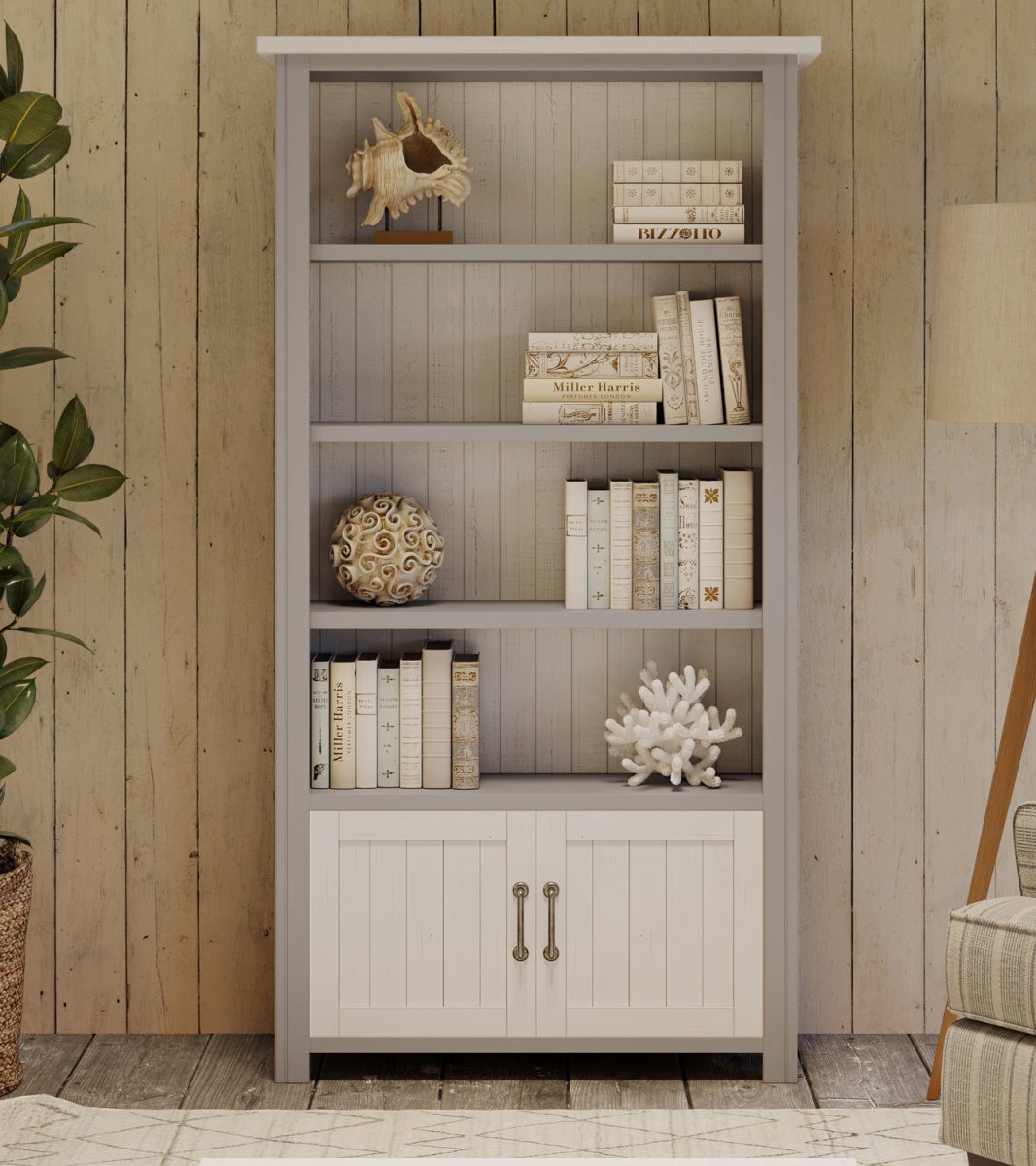 Greystone Large Open Bookcase with Cupboard4 - Duck Barn Interiors