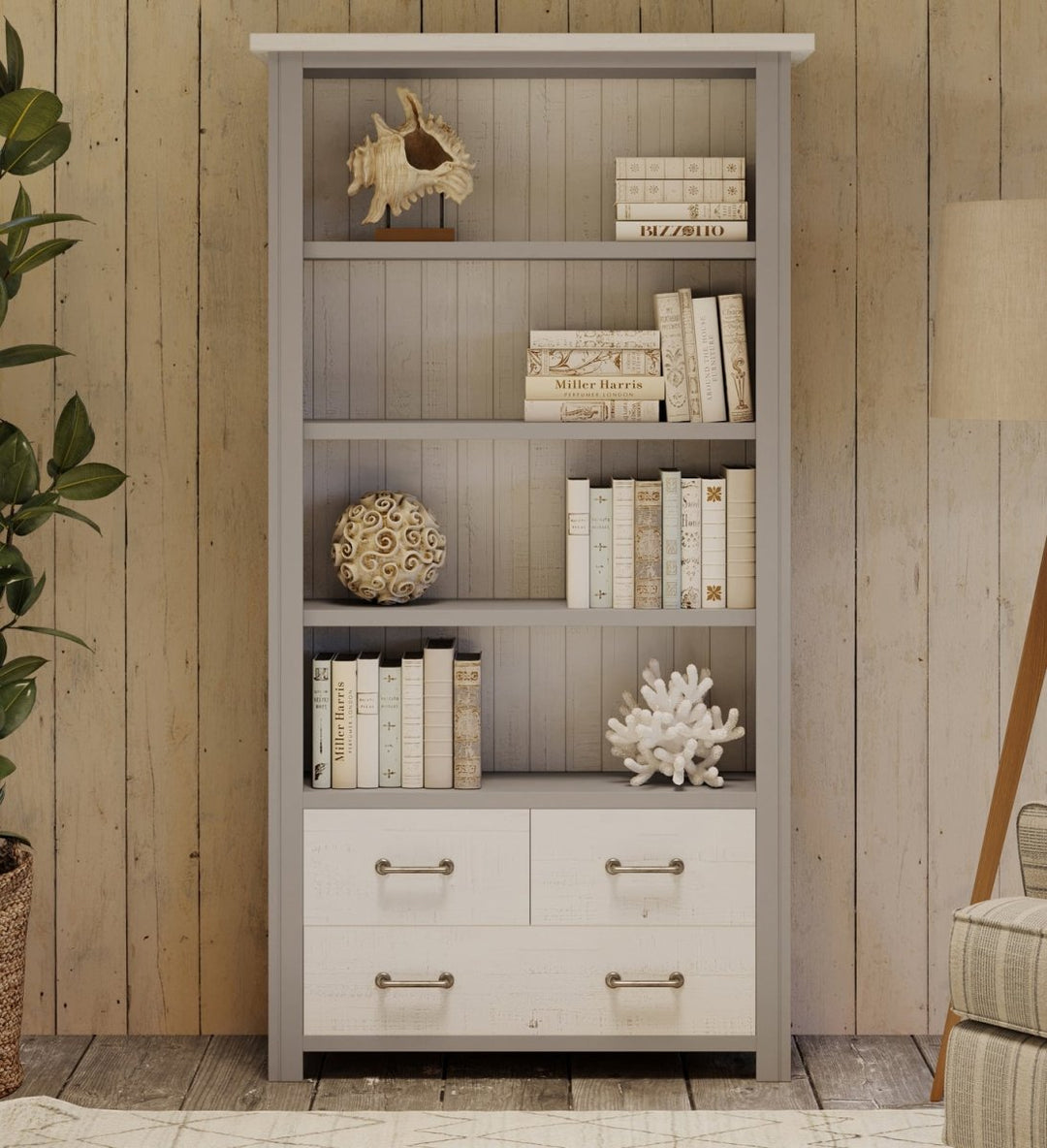 Greystone Large Open Bookcase with Drawers1 - Duck Barn Interiors