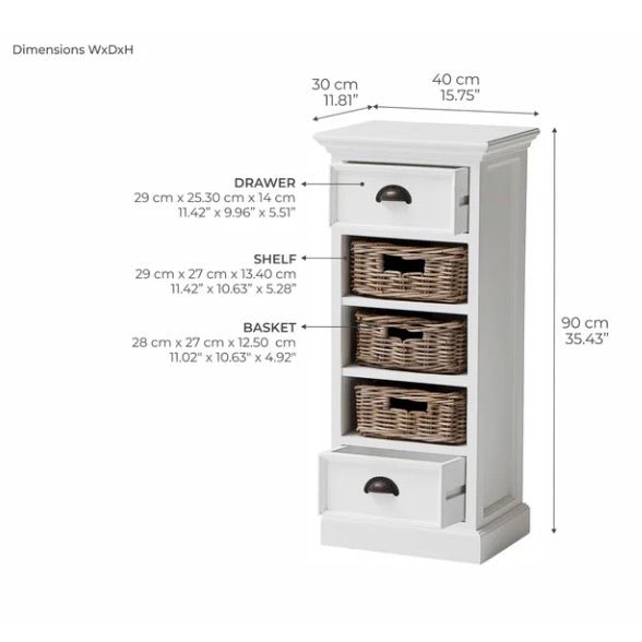 Halifax White Painted Narrow Tallboy Chest of Drawers with Rattan Baskets8 - Duck Barn Interiors