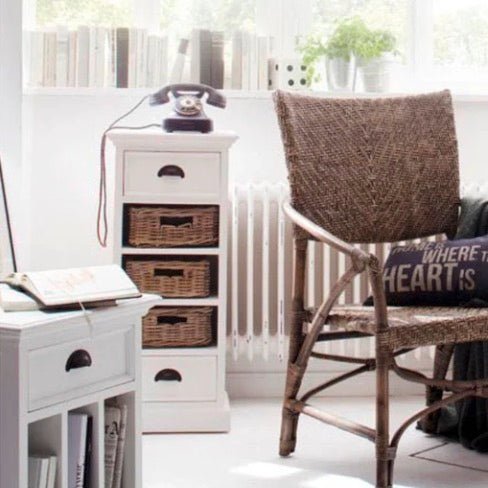 Halifax White Painted Narrow Tallboy Chest of Drawers with Rattan Baskets7 - Duck Barn Interiors