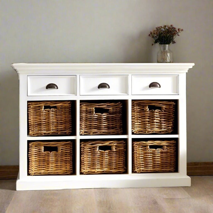 Halifax White Painted Sideboard with Drawers and Rattan Baskets1 - Duck Barn Interiors