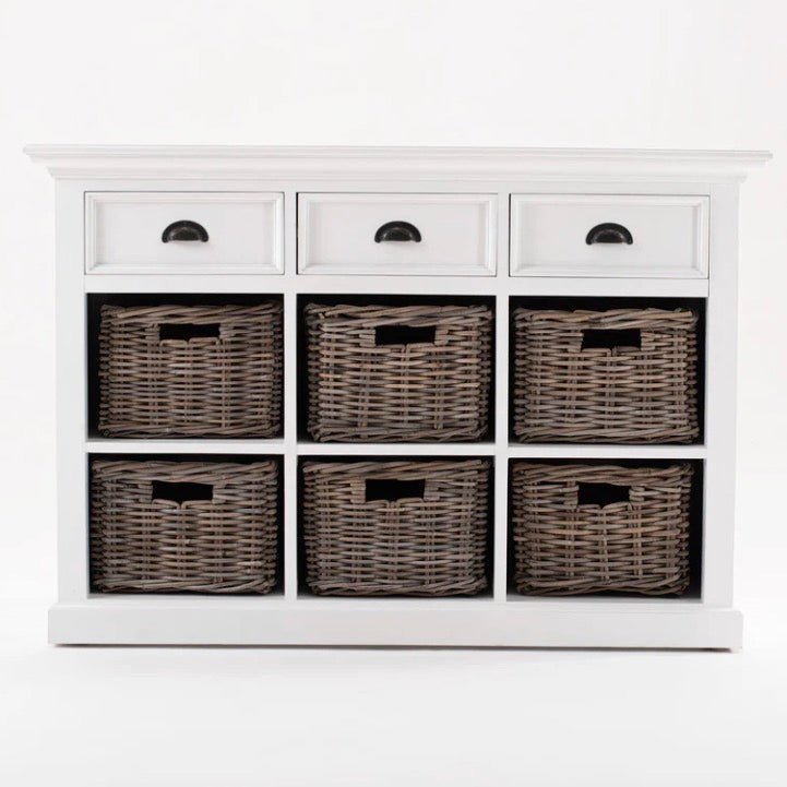 Halifax White Painted Sideboard with Drawers and Rattan Baskets - Duck Barn Interiors