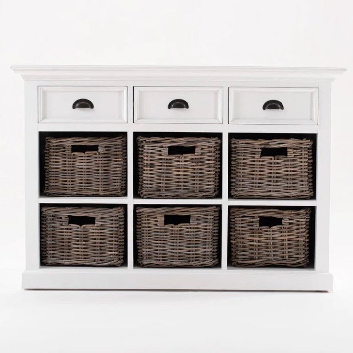 Halifax White Painted Sideboard with Drawers and Rattan Baskets2 - Duck Barn Interiors