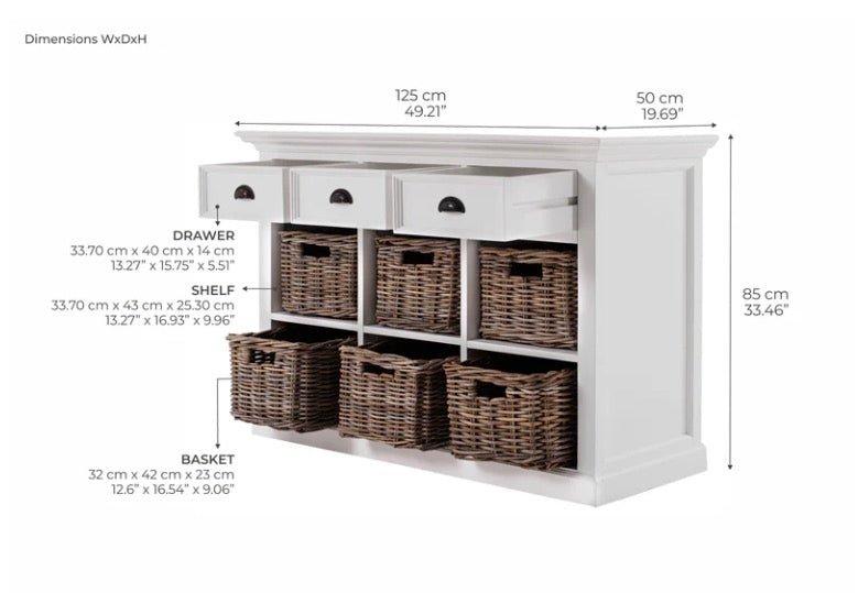 Halifax White Painted Sideboard with Drawers and Rattan Baskets8 - Duck Barn Interiors