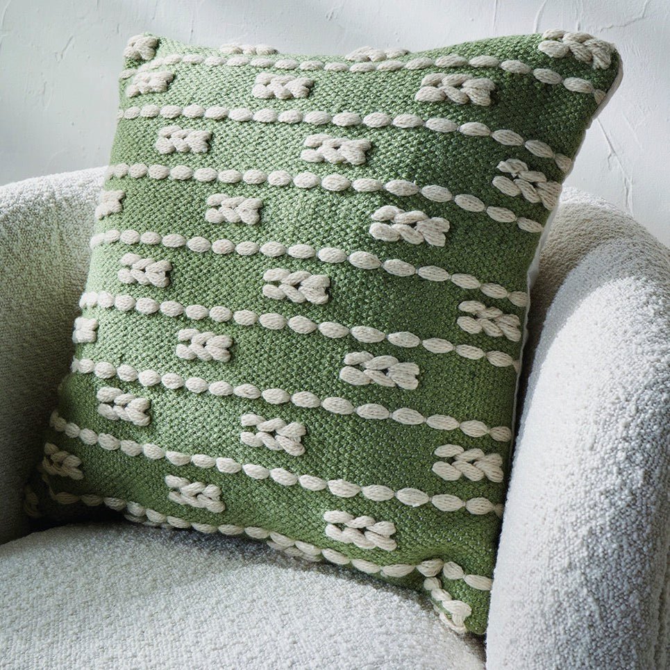 Indoor/Outdoor Sage and White Braid Design Square Cushion - Duck Barn Interiors