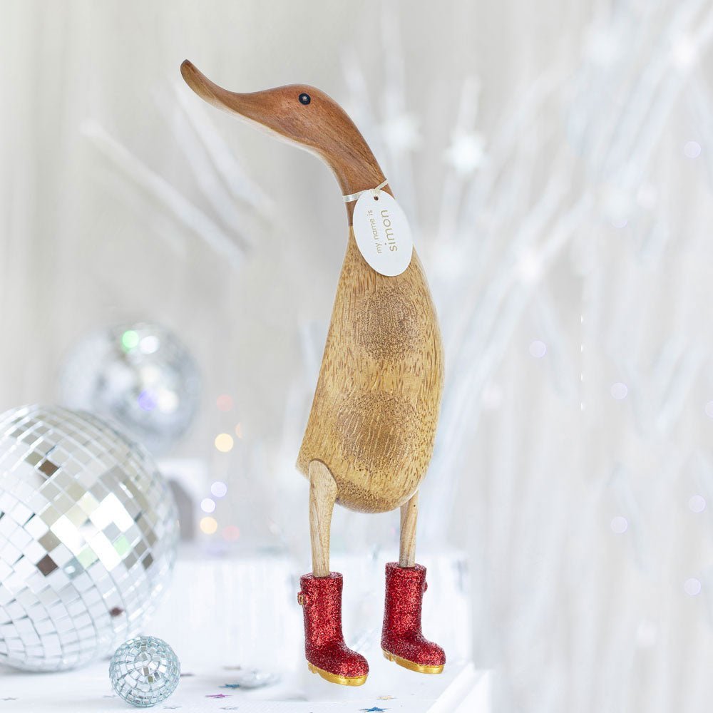 Large Wooden Disco Duck with Red Sparkly Welly Boots1 - Duck Barn Interiors