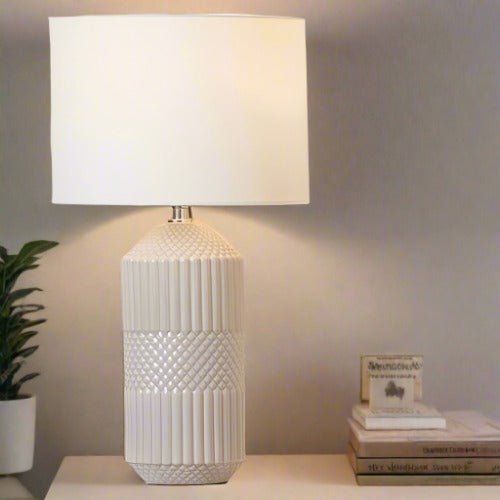 Meribel Grey Geo Tall Textured Table Lamp with Shade - Duck Barn Interiors