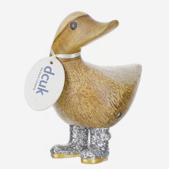 Small Wooden Disco Ducky in Silver Sparkly Wellies - Duck Barn Interiors