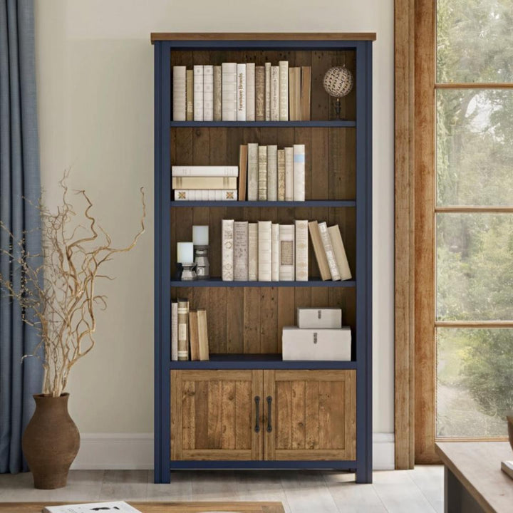 Splash of Blue Large Open Bookcase with Cupboard1 - Duck Barn Interiors