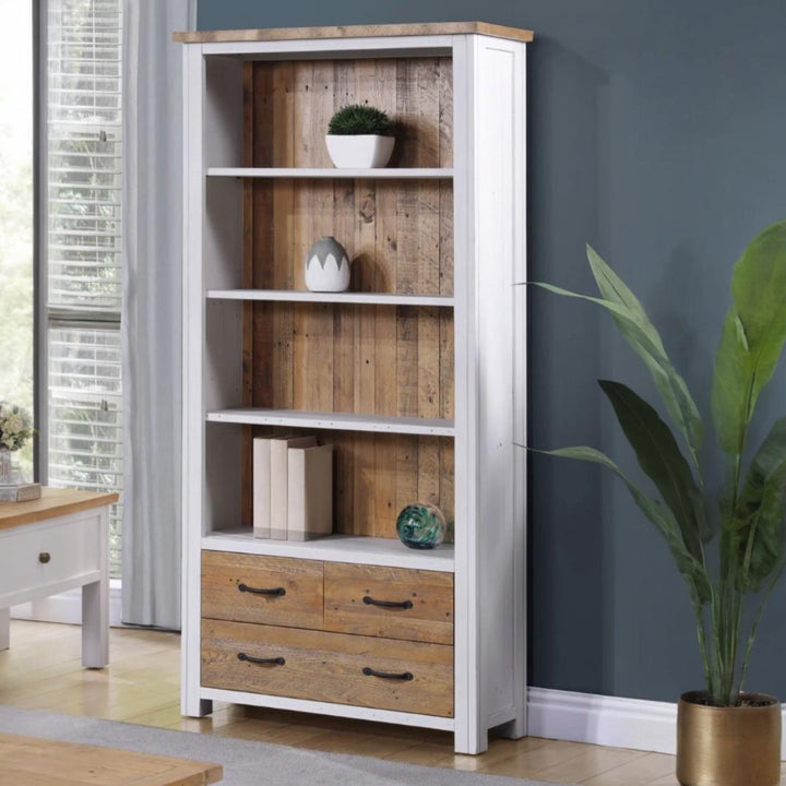 Splash of White Large Open Bookcase with Drawers1 - Duck Barn Interiors