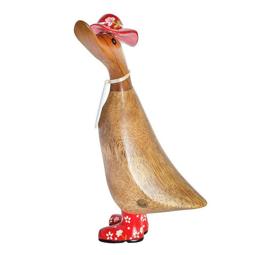 Wooden Duckling with Floral Hat & Welly Boots - Red