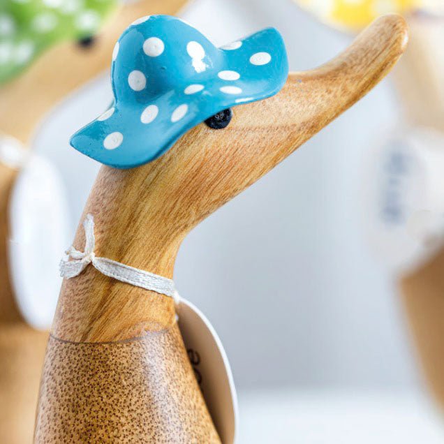 Wooden Duckling with Spotty Hat & Welly Boots - Blue & White2 - Duck Barn Interiors