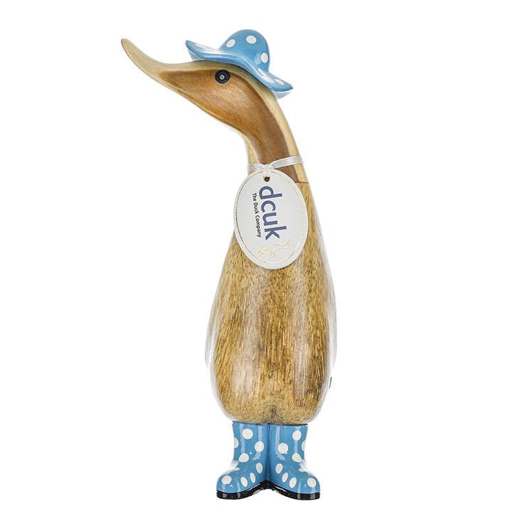 Wooden Duckling with Spotty Hat & Welly Boots - Blue & White1 - Duck Barn Interiors