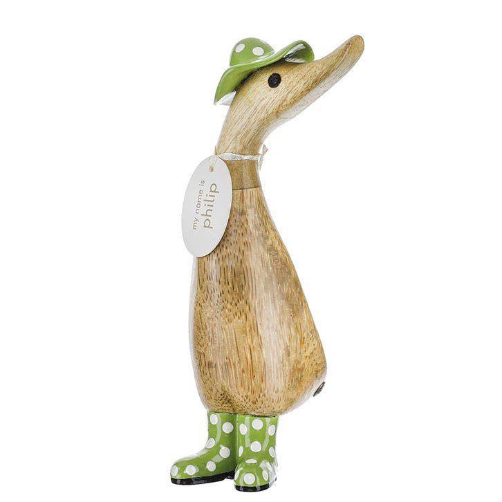 Wooden Duckling with Spotty Hat & Welly Boots - Green & White - Duck Barn Interiors