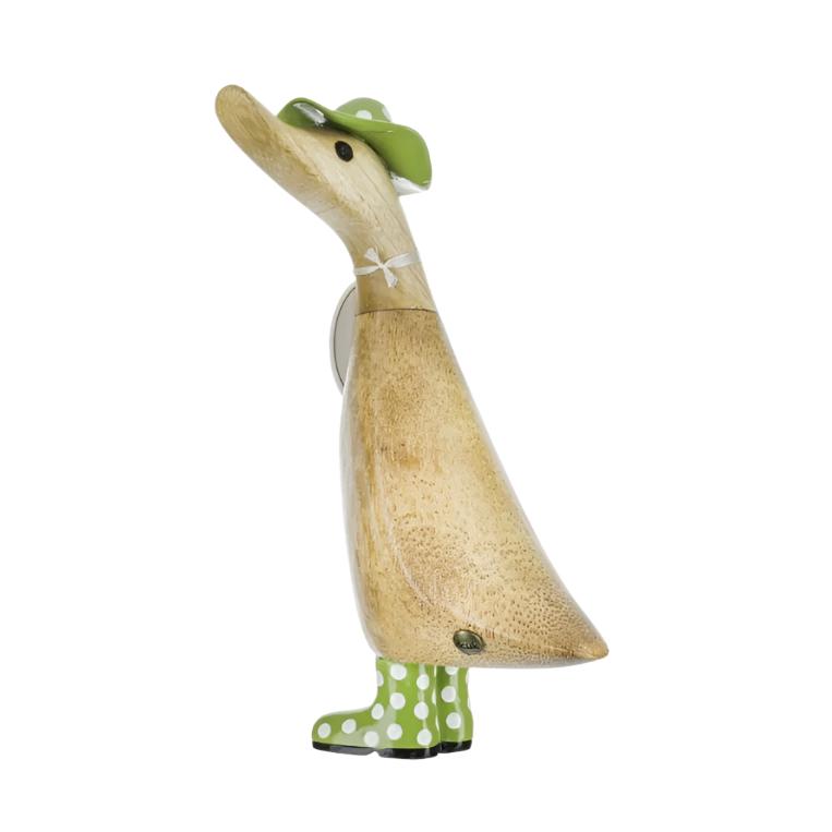 Wooden Duckling with Spotty Hat & Welly Boots - Green & White - Duck Barn Interiors