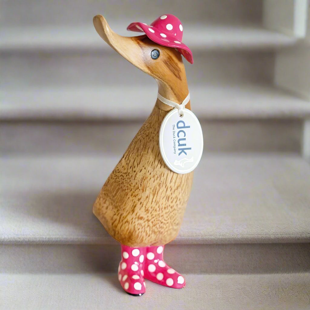 Wooden Duckling with Spotty Hat & Welly Boots - Pink & White2 - Duck Barn Interiors