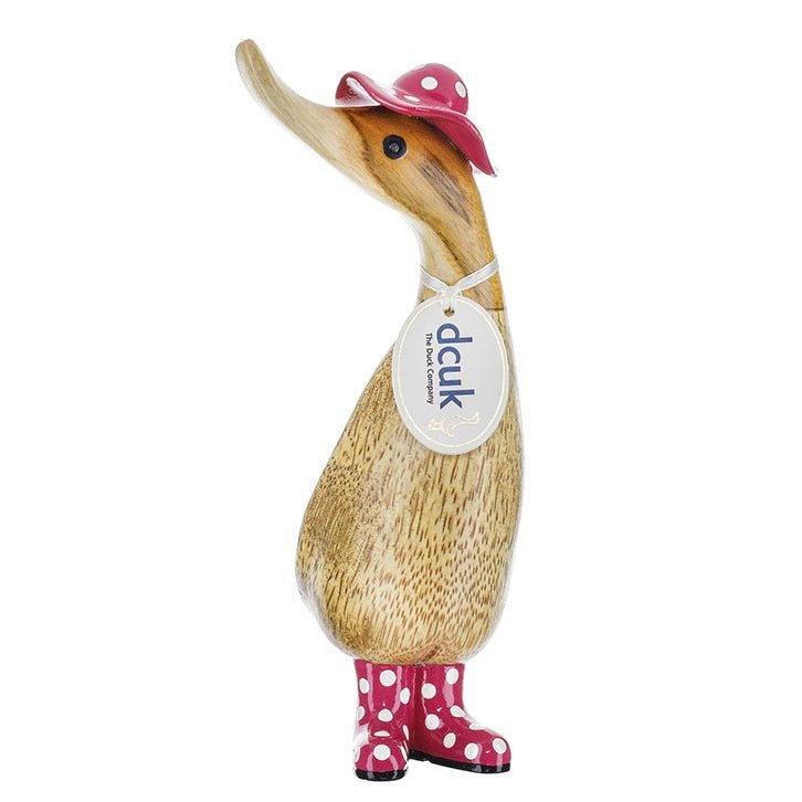 Wooden Duckling with Spotty Hat & Welly Boots - Pink & White1 - Duck Barn Interiors