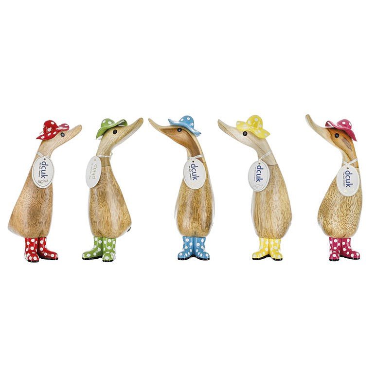 Wooden Duckling with Spotty Hat & Welly Boots - Red & White - Duck Barn Interiors