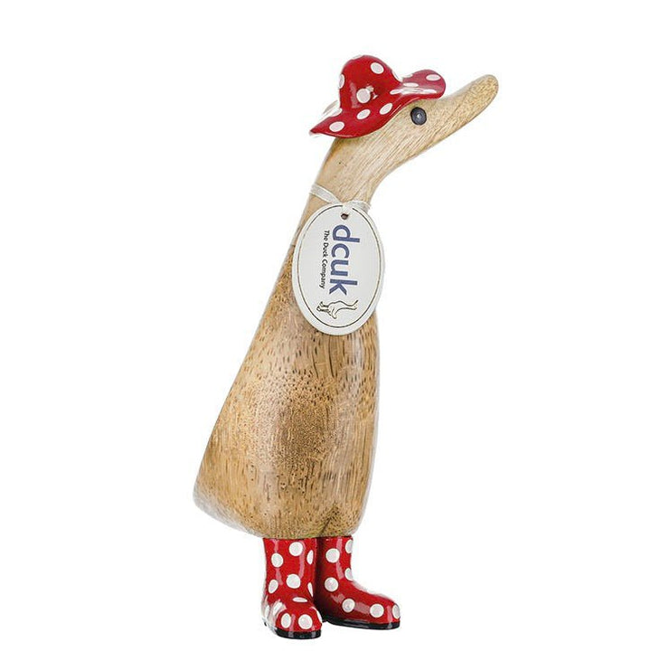 Wooden Duckling with Spotty Hat & Welly Boots - Red & White - Duck Barn Interiors