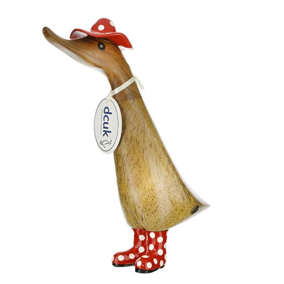 Wooden Duckling with Spotty Hat & Welly Boots - Red & White - Duck Barn Interiors