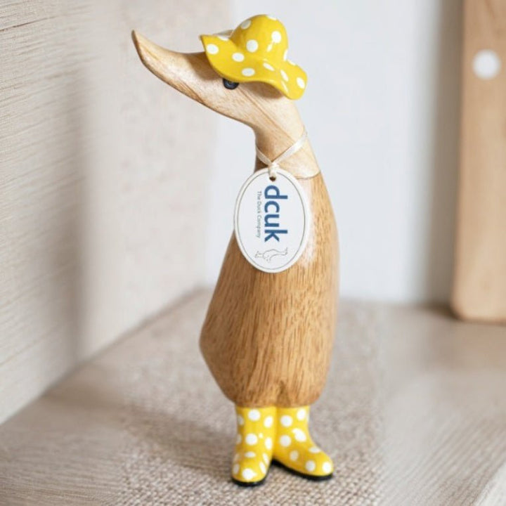 Wooden Duckling with Spotty Hat & Welly Boots - Yellow & White2 - Duck Barn Interiors