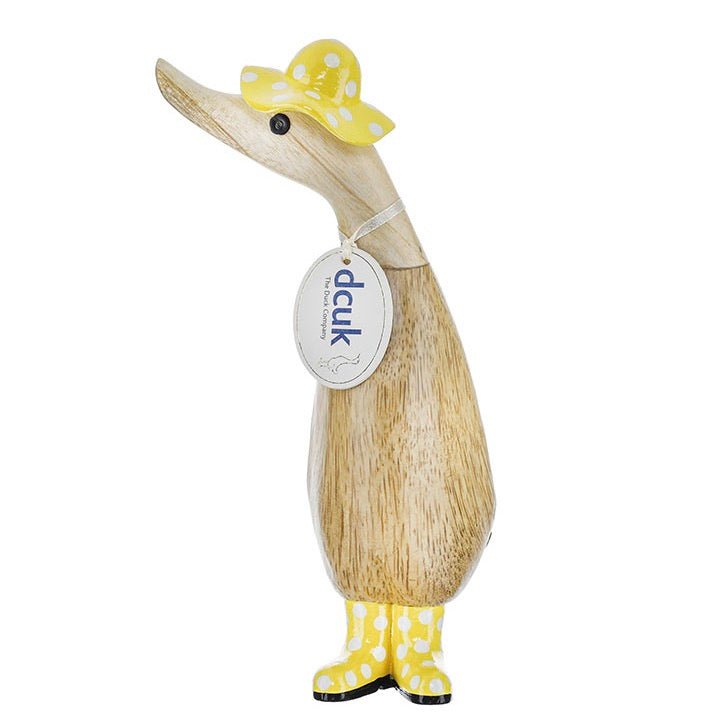 Wooden Duckling with Spotty Hat & Welly Boots - Yellow & White1 - Duck Barn Interiors