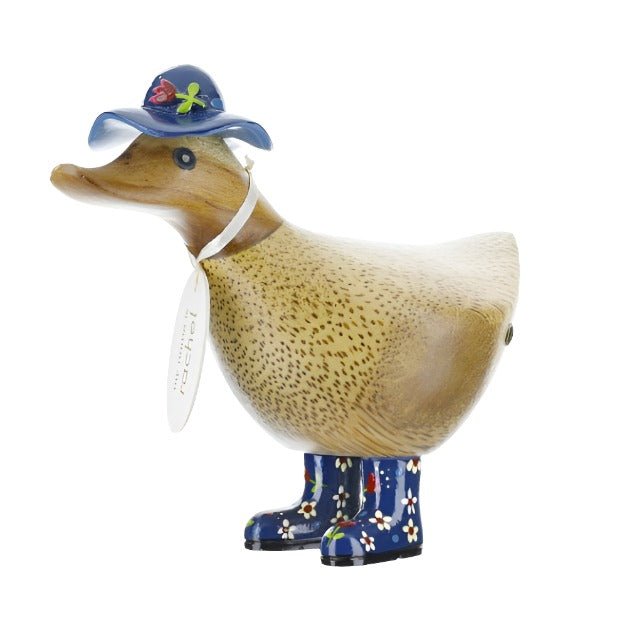 Wooden Ducky with Floral Hat & Welly Boots - Blue - Duck Barn Interiors