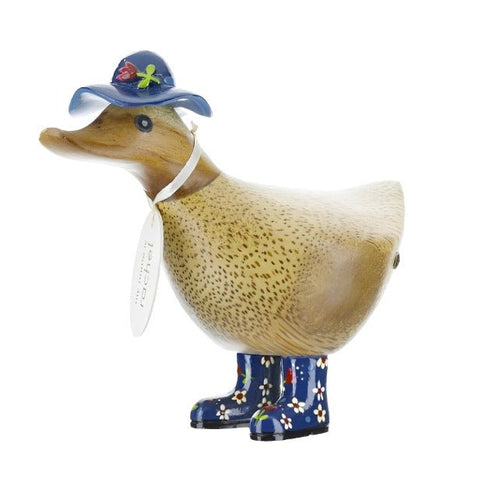 Wooden Ducky with Floral Hat & Welly Boots - Blue