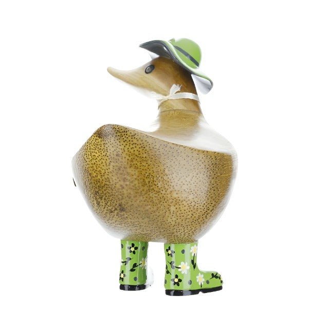 Wooden Ducky with Floral Hat & Welly Boots - Green1 - Duck Barn Interiors