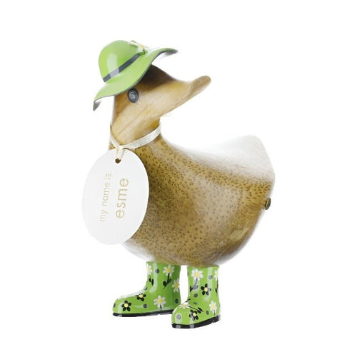 Wooden Ducky with Floral Hat & Welly Boots - Green