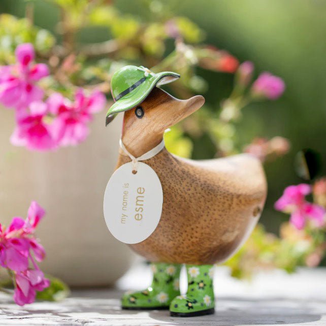 Wooden Ducky with Floral Hat & Welly Boots - Green - Duck Barn Interiors