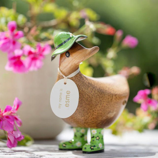 Wooden Ducky with Floral Hat & Welly Boots - Green2 - Duck Barn Interiors