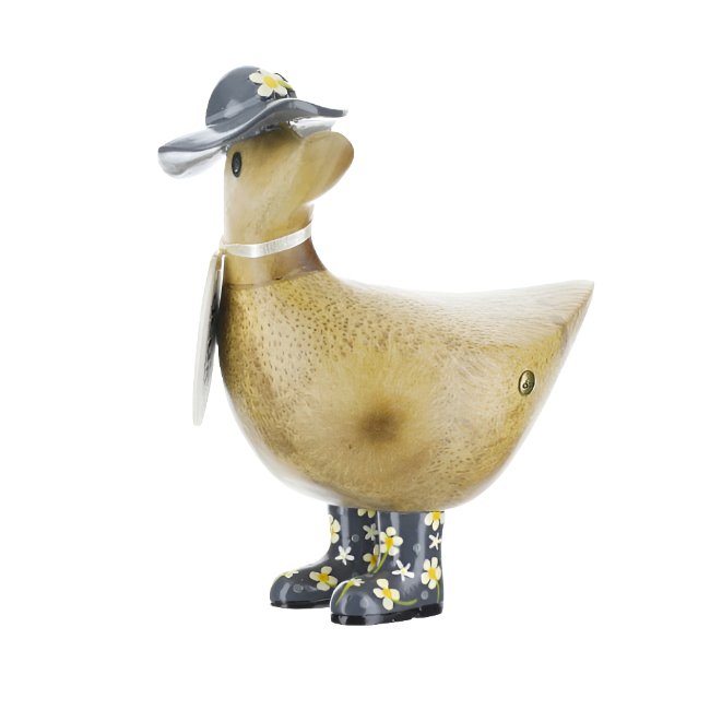 Wooden Ducky with Floral Hat & Welly Boots - Grey - Duck Barn Interiors