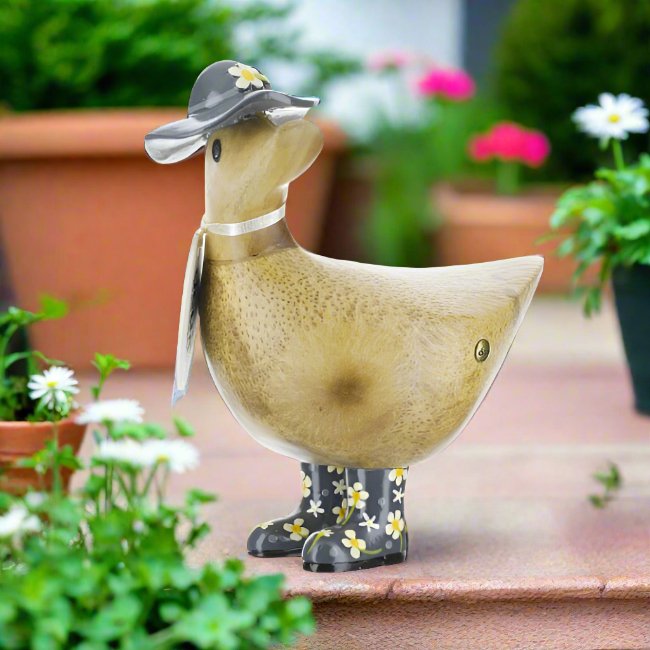 Wooden Ducky with Floral Hat & Welly Boots - Grey - Duck Barn Interiors