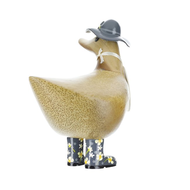 Wooden Ducky with Floral Hat & Welly Boots - Grey3 - Duck Barn Interiors