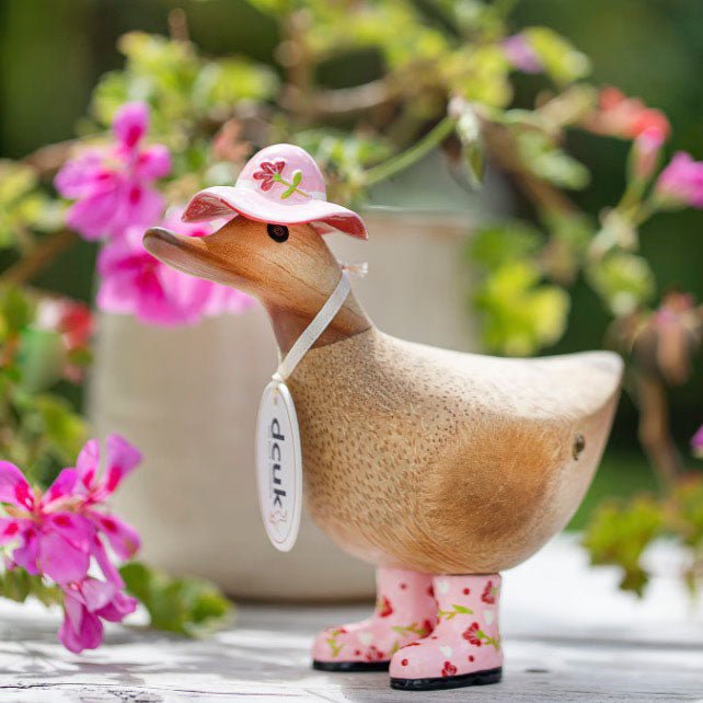 Wooden Ducky with Floral Hat & Welly Boots - Pink - Duck Barn Interiors