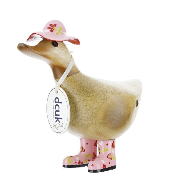 Wooden Ducky with Floral Hat & Welly Boots - Pink - Duck Barn Interiors