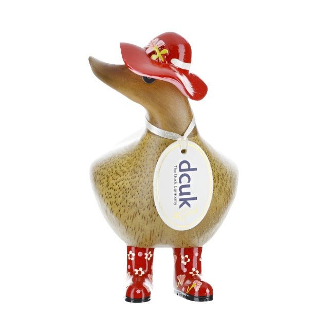 Wooden Ducky with Floral Hat & Welly Boots - Red - Duck Barn Interiors