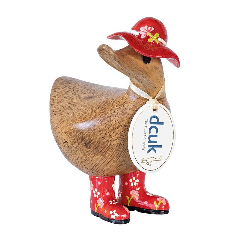 Wooden Ducky with Floral Hat & Welly Boots - Red - Duck Barn Interiors
