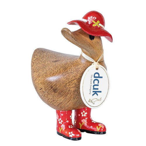 Wooden Ducky with Floral Hat & Welly Boots - Red