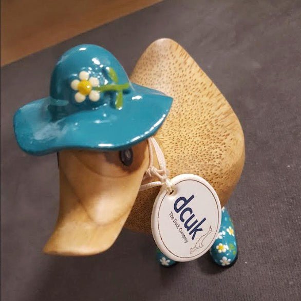 Wooden Ducky with Floral Hat & Welly Boots - Teal2 - Duck Barn Interiors